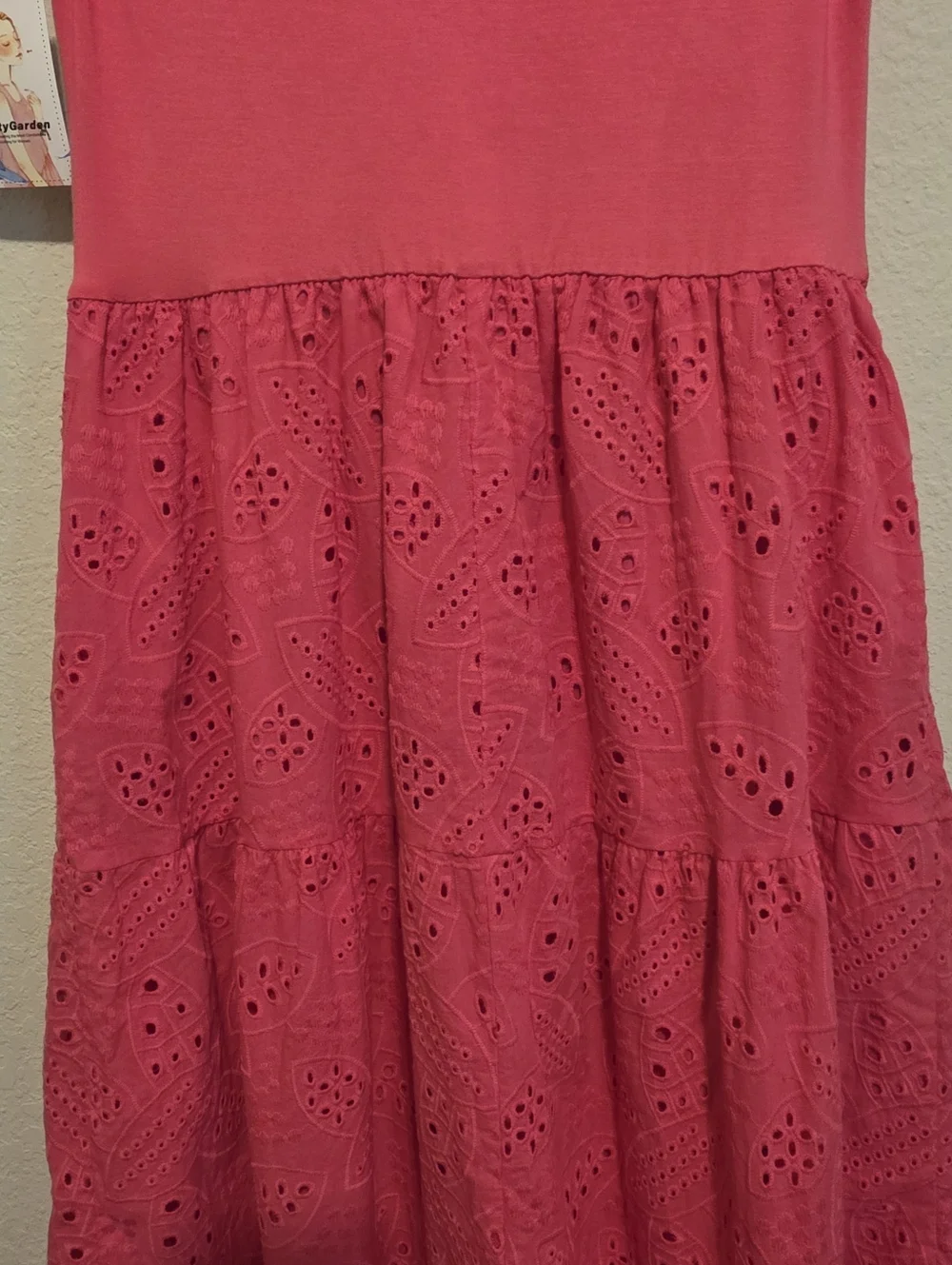 NWT Pretty Garden Hot Pink Eyelet Tiered Dress Ruched Tank Sleeveless Maxi Large - Picture 8 of 13